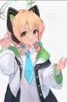  1girl black_jacket blonde_hair blue_archive blue_bow blue_necktie bow cat_ear_headphones collared_shirt eyebrows_visible_through_hair green_eyes green_jacket hachita_(odangoya) hair_bow halo hand_up headphones highres jacket long_sleeves looking_to_the_side midori_(blue_archive) multicolored_clothes multicolored_jacket necktie open_clothes open_jacket open_mouth shirt short_hair simple_background solo spoken_blush white_background white_shirt wide_sleeves 