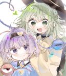  2girls :d ahoge bangs black_hairband blue_shirt blush bright_pupils closed_mouth commentary eyebrows_visible_through_hair green_eyes green_hair hairband happy hat heart heart_of_string highres komeiji_koishi komeiji_satori long_hair long_sleeves looking_at_another multiple_girls open_mouth purple_hair ramochi shirt siblings simple_background sisters smile third_eye touhou violet_eyes white_background white_pupils yellow_shirt 