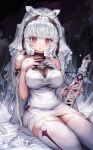  1girl bangs bare_shoulders breasts closed_mouth dress eyebrows_visible_through_hair highres holding holding_sword holding_weapon large_breasts long_hair looking_at_viewer original red_eyes sleeveless sword thigh-highs veil voruvoru weapon white_dress white_hair white_legwear 