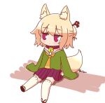  1girl alechon animal_ear_fluff animal_ears arm_support bangs bell blonde_hair blush brown_footwear closed_mouth collar commentary eyebrows_visible_through_hair fox_ears fox_girl fox_tail full_body green_shirt hair_ornament hair_stick kemomimi-chan_(naga_u) long_sleeves looking_to_the_side medium_hair neck_bell neckerchief orange_neckerchief original pleated_skirt purple_collar purple_skirt shirt shoes signature sitting skirt sleeves_past_fingers sleeves_past_wrists solo tail thigh-highs violet_eyes white_background white_legwear 
