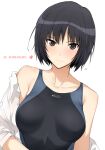 1girl amagami bangs black_hair black_swimsuit blush bob_cut breasts brown_eyes character_name closed_mouth collarbone competition_swimsuit eyebrows_visible_through_hair halcon heart highres looking_at_viewer medium_breasts nanasaki_ai one-piece_swimsuit open_clothes open_shirt short_hair smile solo swimsuit upper_body white_background 