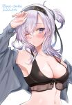  1girl armpits bangs bikini black_bikini blue_eyes blush breasts closed_mouth clothes_writing dated eyebrows_visible_through_hair hachimaki hair_between_eyes headband highres jacket kantai_collection long_hair medium_breasts mot_zenzai one-hour_drawing_challenge one_eye_closed one_side_up open_clothes open_jacket silver_hair simple_background solo suzutsuki_(kancolle) swimsuit twitter_username upper_body white_background 
