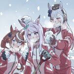  3girls black_gloves blue_eyes blush breath brown_gloves brown_hair cold commentary_request gloves gold_ship_(umamusume) green_gloves grey_hair grin holding_snowball jacket long_hair looking_at_another mejiro_mcqueen_(umamusume) multicolored_hair multiple_girls nose_blush pants pillbox_hat pink_eyes pink_hair ponytail red_eyes red_jacket red_pants ree_(re-19) shovel smile snow streaked_hair sweatdrop teeth tokai_teio_(umamusume) track_jacket umamusume 