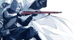  bangs black_footwear boots character_request cloak commentary_request covered_mouth forehead_protector golden_kamuy grey_hair gun headband hood kneeling long_sleeves mask one_knee sei_8220 shotgun skeleton vasily_(golden_kamuy) weapon 