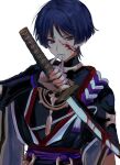  1boy absurdres armor bandaged_hand bandages blood blood_on_face blood_on_weapon blue_hair dfuma_pqr eyeliner eyeshadow genshin_impact highres holding holding_sword holding_weapon japanese_armor katana kote kurokote makeup mouth_hold red_eyeshadow scaramouche_(genshin_impact) short_hair simple_background solo sword violet_eyes weapon white_background 