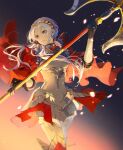  1girl alternate_costume alternate_hairstyle armor axe breastplate breasts cape edelgard_von_hresvelg fire_emblem fire_emblem:_three_houses fire_emblem_warriors:_three_hopes gloves hair_ornament hair_ribbon highres long_hair looking_at_viewer official_alternate_costume official_alternate_hairstyle red_cape ribbon shiroi_(shiroicbe) simple_background skirt solo violet_eyes weapon white_hair 