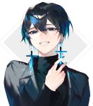  1boy bangs black_coat black_hair black_shirt blue_eyes blue_nails coat commentary_request cross cross_earrings earrings eyebrows_behind_hair grin hair_between_eyes hand_up highres jewelry light_blue_hair looking_at_viewer male_focus mole mole_under_eye multicolored_hair nail_polish open_clothes open_coat original shirt short_hair smile solo straight-on streaked_hair teeth turtleneck white_background zumi_(neronero126) 