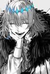  1boy alternate_hair_color arthropod_boy au_(d_elite) bangs black_hair blue_eyes cape cloak collared_shirt commentary crown dark_persona diamond_hairband evil_smile eyebrows_visible_through_hair fate/grand_order fate_(series) fur-trimmed_cloak fur_collar fur_trim grey_background half-closed_eyes hand_on_own_cheek hand_on_own_face highres insect_wings long_sleeves male_focus monochrome oberon_(fate) official_alternate_costume partially_colored shirt signature simple_background smile solo spoilers spot_color twitter_username white_cape white_shirt wings 