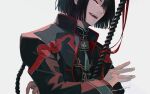  1boy bangs black_coat black_hair chinese_clothes closed_eyes coat commentary_request fate/grand_order fate_(series) high_collar long_hair long_sleeves male_focus open_mouth sei_8220 smile solo tai_gong_wang_(fate) weapon 