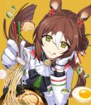  1girl absurdres animal_ears blush bowl chopsticks commentary_request fine_motion_(umamusume) folded_ponytail food gloves green_background green_eyes highres horse_ears horse_girl noodles ramen simple_background smile solo tongue tongue_out umamusume white_gloves yuu_(youh4016) 