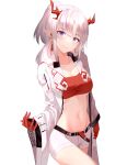  1girl arknights bandeau bangs beijiushui breasts coat commentary grin highres horns large_breasts long_hair long_sleeves looking_at_viewer midriff navel nian_(arknights) open_clothes open_coat parted_lips pointy_ears short_shorts shorts silver_hair simple_background smile solo stomach strapless tube_top violet_eyes white_background white_coat white_shorts wide_sleeves 
