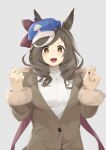  1girl absurdres alternate_costume animal_ears bow brown_coat brown_eyes brown_hair cabbie_hat clenched_hands coat commentary fur_trim hair_ornament hairclip hat hat_bow highres horse_ears horse_girl jewelry looking_at_viewer matikane_tannhauser_(umamusume) medium_hair nail_polish necklace red_nails sanada_ina simple_background smile solo umamusume white_background 