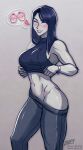 1girl :p arcane:_league_of_legends artist_name bare_arms bare_shoulders black_hair black_pants black_shirt blush breasts caitlyn_(league_of_legends) clothes_lift clothes_pull colored_skin commentary english_commentary eyebrows_visible_through_hair grey_background grey_eyes grey_skin highres iahfy league_of_legends long_hair looking_at_viewer medium_breasts naughty_face navel pants pants_pull patreon_username shirt shirt_lift simple_background sleeveless sleeveless_shirt smile solo spoken_object stomach tongue tongue_out turtleneck twitter_username 