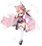  1girl :3 :d absurdres animal_ear_fluff animal_ears armpits bangs bare_shoulders bell detached_sleeves fox_ears fox_girl fox_tail full_body hair_ornament hand_to_own_mouth highres leg_up long_hair looking_at_viewer miniskirt neck_bell original pink_hair pleated_skirt red_eyes shiny shiny_hair simple_background skirt smile solo standing synring97 tail tail_raised thigh-highs white_background white_legwear wide_sleeves zettai_ryouiki 