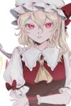  1girl ascot bangs blonde_hair bow collar flandre_scarlet frilled_collar frills hair_between_eyes hat hat_bow long_hair looking_at_viewer parted_lips plumapple3 pointy_ears red_bow red_eyes red_shirt shiny shiny_hair shirt short_sleeves simple_background sketch solo touhou upper_body white_background white_headwear yellow_ascot 