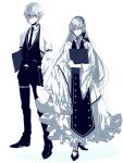  1boy 1girl anastasia_(fate) bangs black_necktie black_pants blue_eyes commentary commentary_request dress earrings fate/grand_order fate_(series) formal hair_over_one_eye hairband highres holding jewelry kaa kadoc_zemlupus long_hair long_sleeves looking_at_viewer necktie pants shirt short_hair silver_hair simple_background suit vest white_background white_shirt 