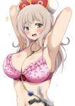  1girl armpits arms_behind_head arms_up blush bouncing_breasts bra breasts commentary dot_nose eggman_(pixiv28975023) embarrassed eyebrows_visible_through_hair floral_print flying_sweatdrops furrowed_brow hat highres isekai_maou_to_shoukan_shoujo_no_dorei_majutsu large_breasts long_hair looking_at_viewer lower_teeth lumachina_weselia motion_lines navel open_mouth pink_bra raised_eyebrows red_ribbon ribbon shiny shiny_hair silver_hair simple_background strap_gap teeth underwear underwear_only wavy_mouth white_background 