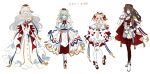  4girls :d alternate_costume animal_ears arknights bare_shoulders bear_ears blonde_hair blue_eyes blue_hair boots bow bowtie braid brown_hair cape closed_eyes cosplay dress eyebrows_visible_through_hair flower full_body gloves grey_hair gummy_(arknights) hair_bow hand_up head_tilt highres istina_(arknights) long_hair long_sleeves monocle multicolored_hair multiple_girls nicole_(lion) off-shoulder_dress off_shoulder official_alternate_costume open_mouth orange_eyes own_hands_together pantyhose red_bow red_bowtie red_cape red_flower red_headwear red_legwear red_vest redhead rosa_(arknights) rosa_(masterpiece)_(arknights) rosa_(masterpiece)_(arknights)_(cosplay) sandals semi-rimless_eyewear short_hair simple_background sketch skirt smile standing streaked_hair tassel two-tone_cape under-rim_eyewear vest white_background white_cape white_dress white_footwear white_gloves white_legwear white_skirt zima_(arknights) 