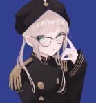  1boy adjusting_eyewear bangs bespectacled black-framed_eyewear blonde_hair blue_background blue_eyes blush captain_nemo_(fate) fate/grand_order fate_(series) glasses hat highres jacket long_hair long_sleeves looking_at_viewer male_focus meloettta nemo_(fate) parted_lips solo turban twintails uniform 