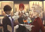  3boys a_ching alternate_costume arjuna_(fate) ashwatthama_(fate) bar bartender bishounen black_eyes black_hair blue_bow blue_bowtie bottle bow bowtie cocktail cocktail_shaker cup dark_skin drinking_glass earrings fate/grand_order fate_(series) gloves green_eyes grin hair_between_eyes holding holding_tray indoors jewelry karna_(fate) looking_at_viewer male_focus messy_hair multiple_boys redhead smile tray white_gloves white_hair yellow_eyes 