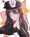  1girl ;p bakemonsou bangs black_headwear brown_hair cropped_torso flower genshin_impact hair_between_eyes hat hat_flower hu_tao_(genshin_impact) long_hair looking_at_viewer one_eye_closed red_eyes red_flower shiny shiny_hair solo symbol-shaped_pupils tongue tongue_out 