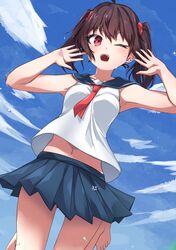  1girl blue_sky brown_hair clouds jumping necktie one_eye_closed original original_character red_eyes sailor_uniform short_hair short_shorts smile sweat teeth twintails 