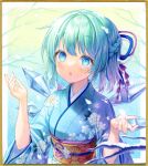  1girl :o alternate_costume alternate_hairstyle bangs bare_tree blue_eyes blue_hair blue_kimono blue_ribbon blush braid branch breasts cirno day eyebrows_visible_through_hair floral_print french_braid gradient gradient_background hair_ribbon hands_up ice ice_wings japanese_clothes kimono kuwa_analog looking_up medium_breasts medium_hair obi open_mouth outdoors ribbon sash simple_background snow solo touhou traditional_media tree wings 