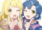  2girls :d bang_dream! bangs blonde_hair blue_hair blush highres idolmaster idolmaster_million_live! idolmaster_million_live!_theater_days itou_miku long_hair looking_at_viewer multiple_girls nanao_yuriko one_eye_closed open_mouth panprika short_hair smile tsurumaki_kokoro voice_actor_connection yellow_eyes 