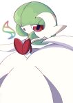  1girl arms_up bangs bob_cut colored_skin commentary_request dress elbow_gloves flat_chest gardevoir gloves green_hair hair_over_one_eye hand_on_own_chest highres kanoi_70 looking_at_viewer mega_gardevoir mega_pokemon one_eye_covered open_mouth outstretched_arm pokemon pokemon_(creature) red_eyes short_hair simple_background solo strapless strapless_dress white_background white_dress white_skin white_theme 