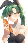  1girl alternate_costume animal_ears bangs bare_shoulders black_leotard breasts carrot commentary_request detached_collar earrings edamameoka embarrassed eyebrows_visible_through_hair fake_animal_ears fire_emblem fire_emblem:_the_blazing_blade green_eyes green_hair highres holding holding_carrot jewelry leotard long_hair looking_at_viewer lyn_(fire_emblem) medium_breasts playboy_bunny ponytail rabbit_ears smile solo strapless strapless_leotard very_long_hair wrist_cuffs 