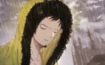  1boy 1yoichi1 black_hair facial_hair hood hood_up jacket looking_at_viewer male_focus official_alternate_costume one_piece one_piece:_stampede outdoors rain solo trafalgar_law yellow_jacket 