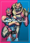  2boys \m/ armor belt black_nails black_tail blue_background blue_eyes claw_pose crossed_arms demon_boy dinosaur fingernails floating helmet highres ichitaka_(1015ichitaka) kamen_rider kamen_rider_revi kamen_rider_revice kamen_rider_vice looking_at_viewer magenta_background male_focus monster_boy multiple_boys pink_armor reiwa revice_driver rex_genome shaded_face sharp_fingernails sharp_teeth shoulder_pads simple_background sketch stylistic tail teeth thighs tokusatsu tyrannosaurus_rex upper_body vistamp 