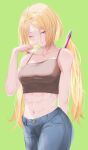  1girl abs aki_rosenthal bangs blonde_hair bob_cut breasts collarbone denim detached_hair english_commentary finger_to_mouth green_background hair_intakes highres hololive jeans looking_at_viewer low_twintails medium_breasts muscular muscular_female one_eye_closed pants parted_bangs robbilgigih simple_background tank_top tsurime twintails violet_eyes virtual_youtuber 