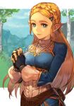 1girl blonde_hair blue_eyes blue_shirt blue_sky braid bright_pupils crown_braid fanny_pack fingerless_gloves gloves hair_ornament hairclip hankuri light_smile lips long_hair looking_at_viewer own_hands_clasped own_hands_together princess_zelda shirt signature sky solo the_legend_of_zelda the_legend_of_zelda:_breath_of_the_wild tree upper_body white_pupils 