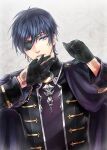  1boy bangs black_gloves blue_hair cape dr. earrings eyepatch glove_in_mouth glove_pull gloves grey_background hair_between_eyes hands_up ikemen_ooku jewelry long_sleeves looking_at_viewer male_focus mouth_hold non-web_source purple_cape removing_glove single_earring solo upper_body violet_eyes xeno_gerald 