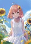  1girl absurdres ahoge aka_(440626) arms_behind_back bangs bare_arms blue_sky blush closed_mouth clouds day dress field flower flower_field green_eyes hair_between_eyes hair_flower hair_ornament hat hat_removed headwear_removed highres honma_himawari long_hair looking_at_viewer nijisanji orange_hair outdoors petals shiny shiny_hair sky sleeveless sleeveless_dress smile solo standing straight_hair straw_hat sundress sunflower virtual_youtuber white_dress yellow_flower 