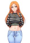  1girl arms_behind_back bleach breasts brown_eyes crop_top denim highres inoue_orihime jeans jewelry large_breasts long_hair long_sleeves midriff navel necklace orange_hair pants sakuya_(liao_kj) smile solo striped_shirt thigh_gap 