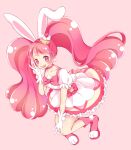  1girl absurdres animal_ears ayumin39 bow cake_hair_ornament choker cure_whip dress food-themed_brooch food-themed_clothes food-themed_hair_ornament gloves hair_ornament highres kirakira_precure_a_la_mode long_hair looking_at_viewer magical_girl open_mouth pink_background pink_eyes pink_footwear pink_hair pink_theme precure puffy_short_sleeves puffy_sleeves rabbit_ears short_dress short_sleeves simple_background smile solo twintails usami_ichika v very_long_hair waist_bow white_gloves 