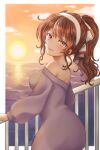  1girl alternate_costume ashigara_(kancolle) bare_shoulders breasts brown_hair clouds commentary_request dress hair_ribbon hairband highres kantai_collection large_breasts light_smile long_sleeves looking_at_viewer looking_back ocean off-shoulder_dress off_shoulder ponytail purple_dress railing ribbon rirurun. solo sunset twitter_username white_background white_hairband 