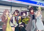  5girls asymmetrical_legwear bangs baozi black_hair black_shorts brown_coat brown_hair camouflage camouflage_jacket coat diagonal_bangs eating food glasses grey_hair highres idolmaster idolmaster_shiny_colors jacket kiri_meee l&#039;antica_(idolmaster) lawson miniskirt mismatched_legwear mitsumine_yuika multiple_girls purple_hair scarf shirase_sakuya shorts skirt tanaka_mamimi thigh-highs tsukioka_kogane twintails white_coat yuukoku_kiriko 