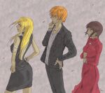  1boy 2girls akiyama_shinichi armlet black_choker black_dress black_jacket black_pants blonde_hair bracelet brown_hair choker closed_mouth dress earrings finger_to_own_chin fukunaga_yuuji grey_eyes grey_shirt hands_on_hips jacket jewelry k1492k kanzaki_nao liar_game multiple_girls necklace orange_hair pants red_dress ring shirt simple_background 