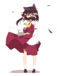  1girl ankle_socks ascot bangs bare_shoulders black_footwear black_hair bloom bow covered_mouth detached_sleeves falling_leaves floating_hair frilled_bow frilled_hair_tubes frills full_body furrowed_brow hair_between_eyes hair_bow hair_over_mouth hair_tubes hakurei_reimu highres large_bow leaf legs_apart leon_(mikiri_hassha) loafers long_sleeves looking_at_viewer medium_skirt midriff_peek navel nontraditional_miko raised_eyebrows red_bow red_eyes red_skirt red_vest shadow shoes short_hair_with_long_locks simple_background skirt skirt_set sleeve_garter sleeveless sleeves_past_fingers sleeves_past_wrists socks solo standing straight-on touhou vest white_background white_legwear white_sleeves wide_sleeves wind wind_lift wing_collar yellow_ascot 