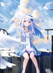  1girl absurdres arm_up bird blue_ribbon closed_mouth collarbone cumulonimbus_cloud day floating_hair hair_ornament hat hat_ribbon highres lize_helesta long_hair looking_at_viewer nijisanji outdoors red_eyes rei_(farta_litia) ribbon short_sleeves silver_hair sitting smile solo very_long_hair virtual_youtuber white_headwear 