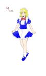  1girl absurdres apron blonde_hair blue_footwear bobby_socks bow bowtie closed_mouth collared_dress commentary_request derivative_work dress eyebrows_visible_through_hair frilled_dress frills full_body highres korean_commentary kuya_(hey36253625) looking_at_viewer lotus_land_story maid maid_headdress mary_janes mugetsu_(touhou) puffy_short_sleeves puffy_sleeves red_bow red_bowtie ribbon-trimmed_sleeves ribbon_trim shoes short_hair short_sleeves simple_background smile socks standing touhou touhou_(pc-98) translation_request waist_apron white_apron white_background white_legwear yellow_eyes 