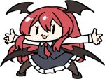  1girl :3 bangs black_skirt black_vest collared_shirt commentary_request demon_wings eyebrows_visible_through_hair frilled_skirt frills full_body hair_between_eyes head_wings koakuma long_hair long_sleeves necktie open_mouth outstretched_arms outstretched_legs pantyhose red_necktie redhead shiny shiny_hair shirt sidelocks simple_background skirt skirt_set solo spread_arms suwa_yasai touhou transparent_background vest white_shirt wings |_| 