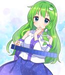  bare_shoulders blue_background blue_eyes blue_skirt breasts caracorn closed_mouth collared_blouse detached_sleeves eyebrows_visible_through_hair frog_hair_ornament green_hair hair_ornament hair_tubes highres kochiya_sanae long_hair mahjong medium_breasts nontraditional_miko skirt snake_hair_ornament touhou touhou_unreal_mahjong very_long_hair vest white_sleeves white_vest wide_sleeves 