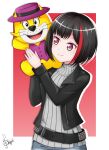 1boy 1girl animal animal_ears architecture bang_dream! belt belt_buckle black_hair black_jacket blush buckle cat cat_ears commentary_request commission eyebrows_visible_through_hair face-to-face funny_cat gothic gothic_architecture grey_shirt highres holding_hands jacket looking_at_another mitake_ran open_mouth pixiv_request plush pointing_at_another purple_skirt red_background redhead shipped_art shirt short_hair skirt smile stuffed_animal stuffed_toy top_cat_(character) top_cat_(series) twitter_username violet_eyes white_background yellow_fur