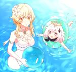  2girls bangs bikini blonde_hair breasts commentary_request eyebrows_visible_through_hair flower genshin_impact hair_flower hair_ornament halo holding innertube looking_at_viewer lumine_(genshin_impact) medium_breasts multiple_girls orange_eyes paimon_(genshin_impact) partially_submerged sbs short_hair_with_long_locks slime_(genshin_impact) smile swimsuit violet_eyes water white_bikini white_flower white_hair 