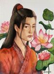  1boy artist_name black_hair brown_eyes chinese_clothes closed_mouth eimuoaa flower highres lily_pad long_hair looking_at_viewer male_focus mo_dao_zu_shi painting_(medium) pink_flower plant simple_background solo symbol-only_commentary traditional_media watercolor_(medium) wei_wuxian white_background 