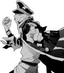  1boy facial_hair goatee greyscale hat highres holding holding_poke_ball ingo_(pokemon) ktkng_kn male_focus monochrome peaked_cap pointing pointing_at_viewer poke_ball poke_ball_(legends) pokemon pokemon_(game) pokemon_legends:_arceus sideburns simple_background solo striped_coat white_background 